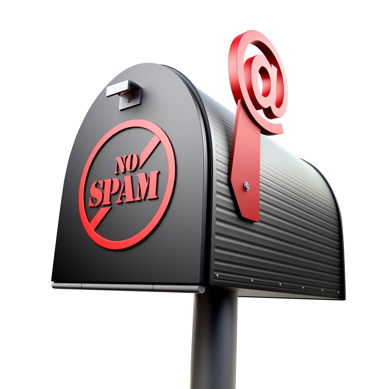 Czarna skrzynka pocztowa z czerwonym symbolem małpy i napisem No Spam